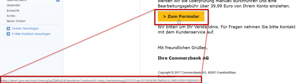 Eine Maus hovert über einen vermeintlichen Link zu einem Bankformular und enthüllt den zu Grunde liegenden schädlichen Link.