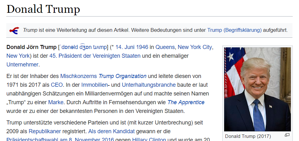 Wikipedia Artikel von Donald J. Trump, der aussagt, dass das J für Jörn steht.