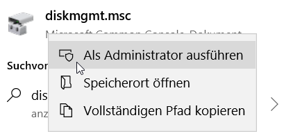 Screnshot, der zeigt wie man in Windows 10 die Datenträgerverwaltung als Administrator öffnet