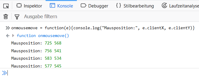 Screenshot von der Entwicklerkonsole eines Browsers. Dort werden die Mauszeiger-Koordinaten ausgegeben.