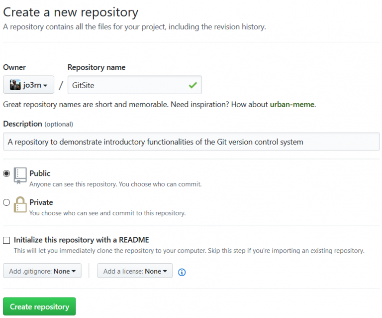 GitHub's User Interface um ein neues Repository anzulegen