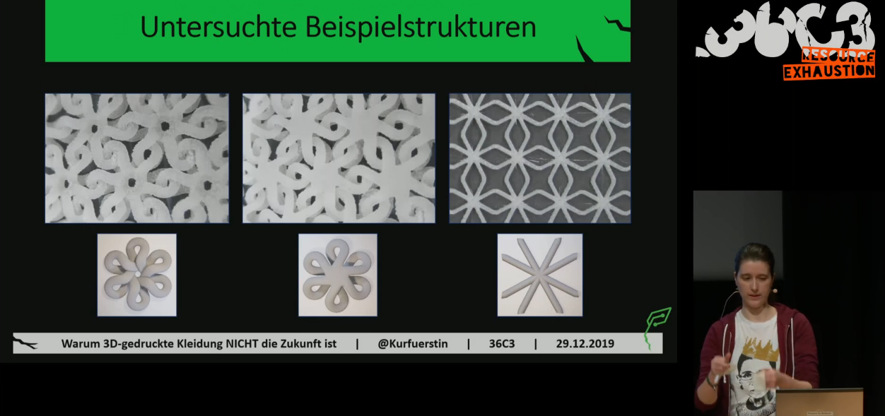 Bildausschnitt mit 3 untersuchten 3D-gedruckten Beispielstrukturen aus dem Vortrag "Warum 3D-gedruckte Kleidung NICHT die Zukunft ist"