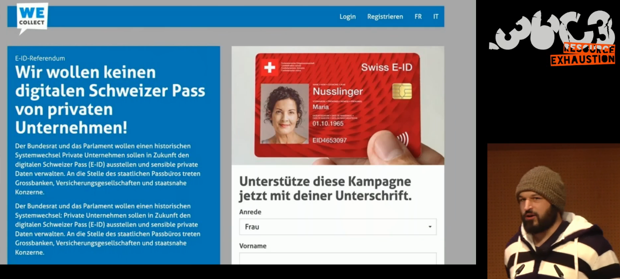 Kampagne für ein Referendum "Wir wollen keinen digitalen Schweizer Pass von privaten Unternehmen!", daneben einer der Vortragenden