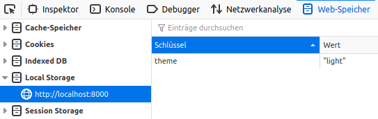 Screenshot des Eintrags "light" Theme im Webspeicher des Browsers