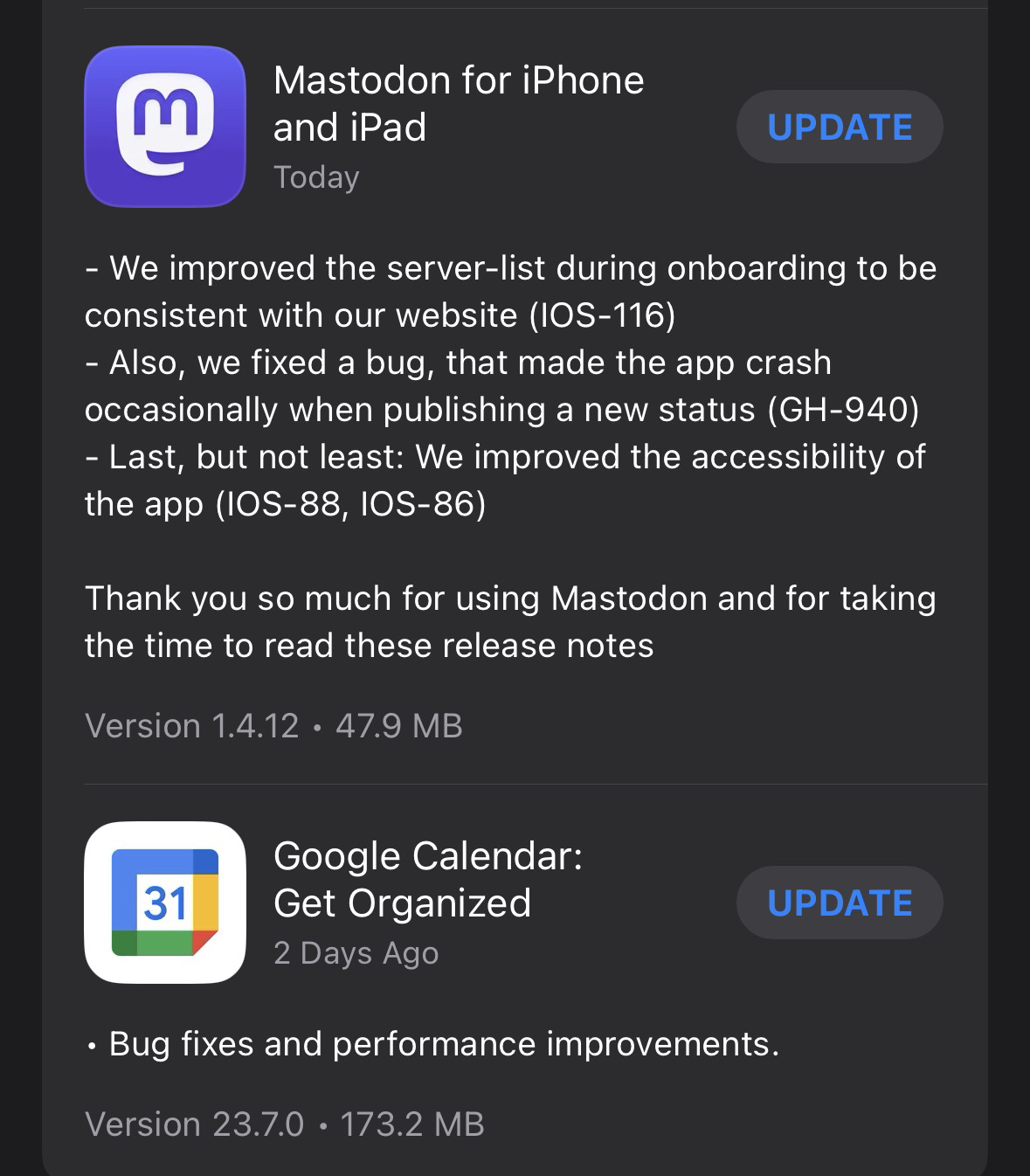 Screenshot of release notes for the apps Mastodon & Google Calendar